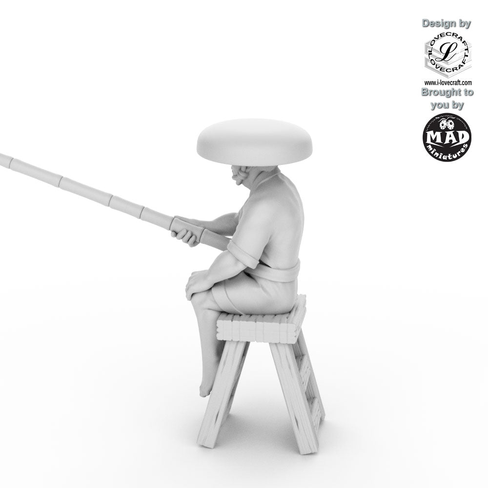 Fisher sitting on stool