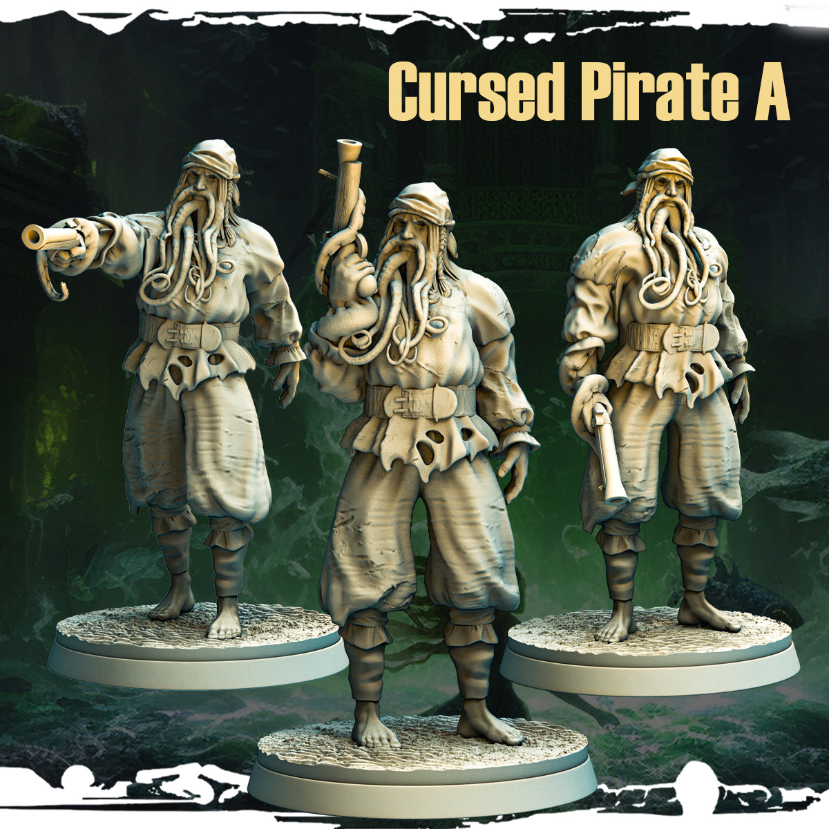 Cursed Pirate A: The Watcher of Eternal Tides - a haunting miniature featuring a tentacled face and a rusted pistol, designed by Monolith Arts for Mad Miniatures.