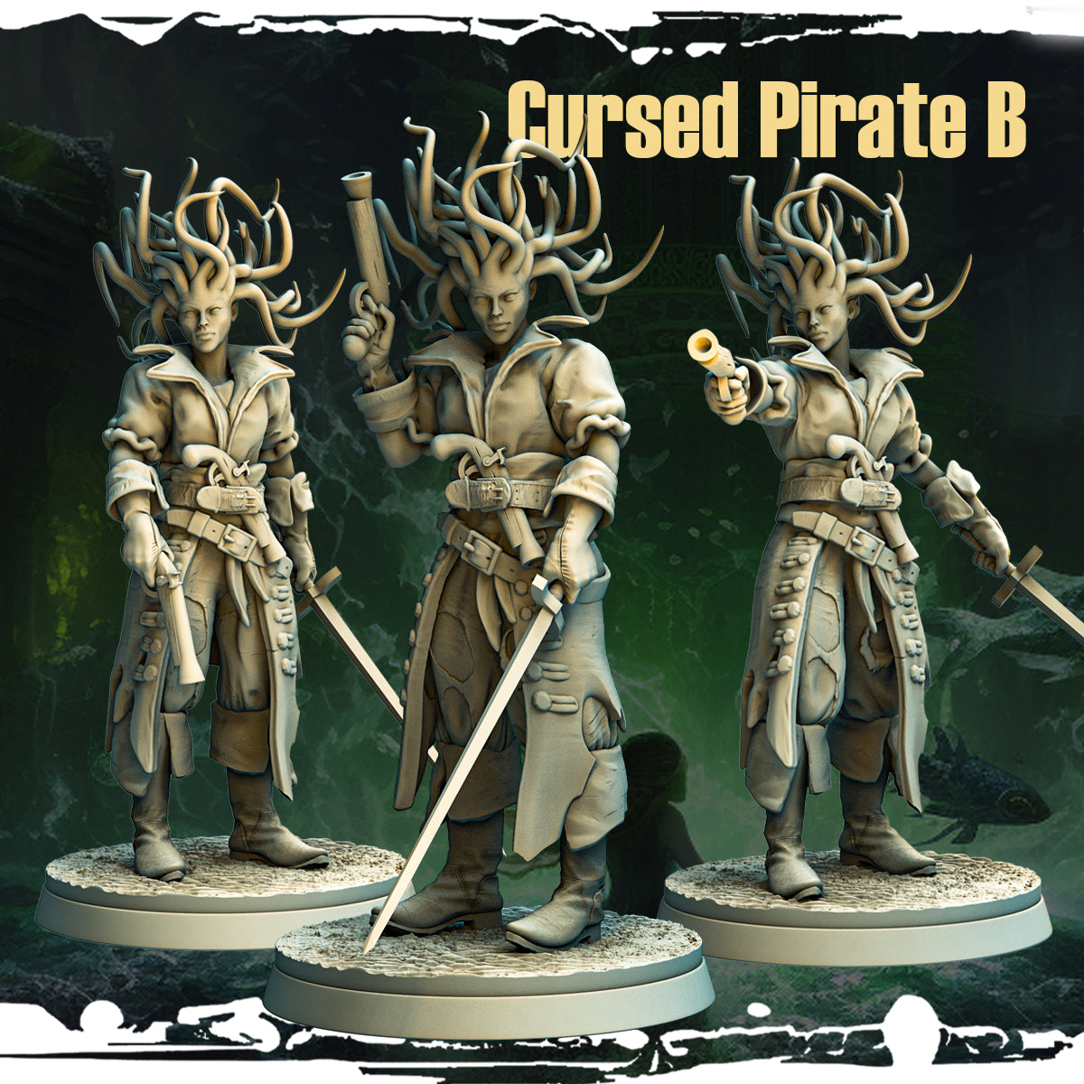 Cursed Pirate 2: The Tempestborn - a striking miniature featuring coral-like hair, a spectral sword, and a brine-stained pistol, designed by Monolith Arts for Mad Miniatures.
