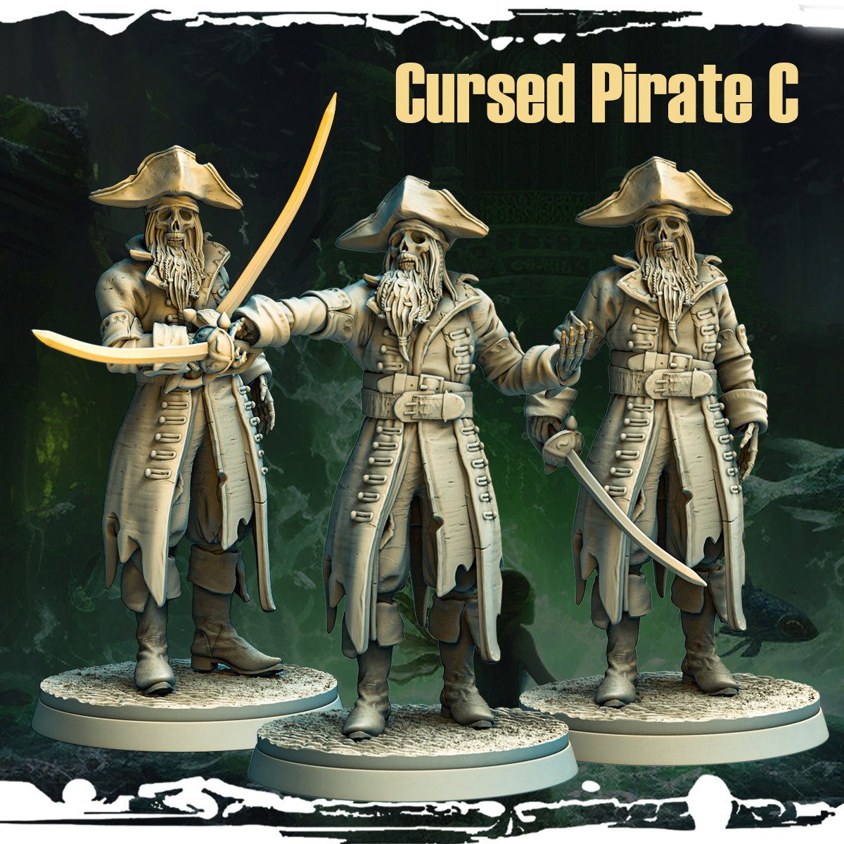 Cursed Pirate C: The Duelist of the Abyss - a skeletal pirate wielding a glowing blade, clad in a barnacle-strewn coat, designed by Monolith Arts for Mad Miniatures.