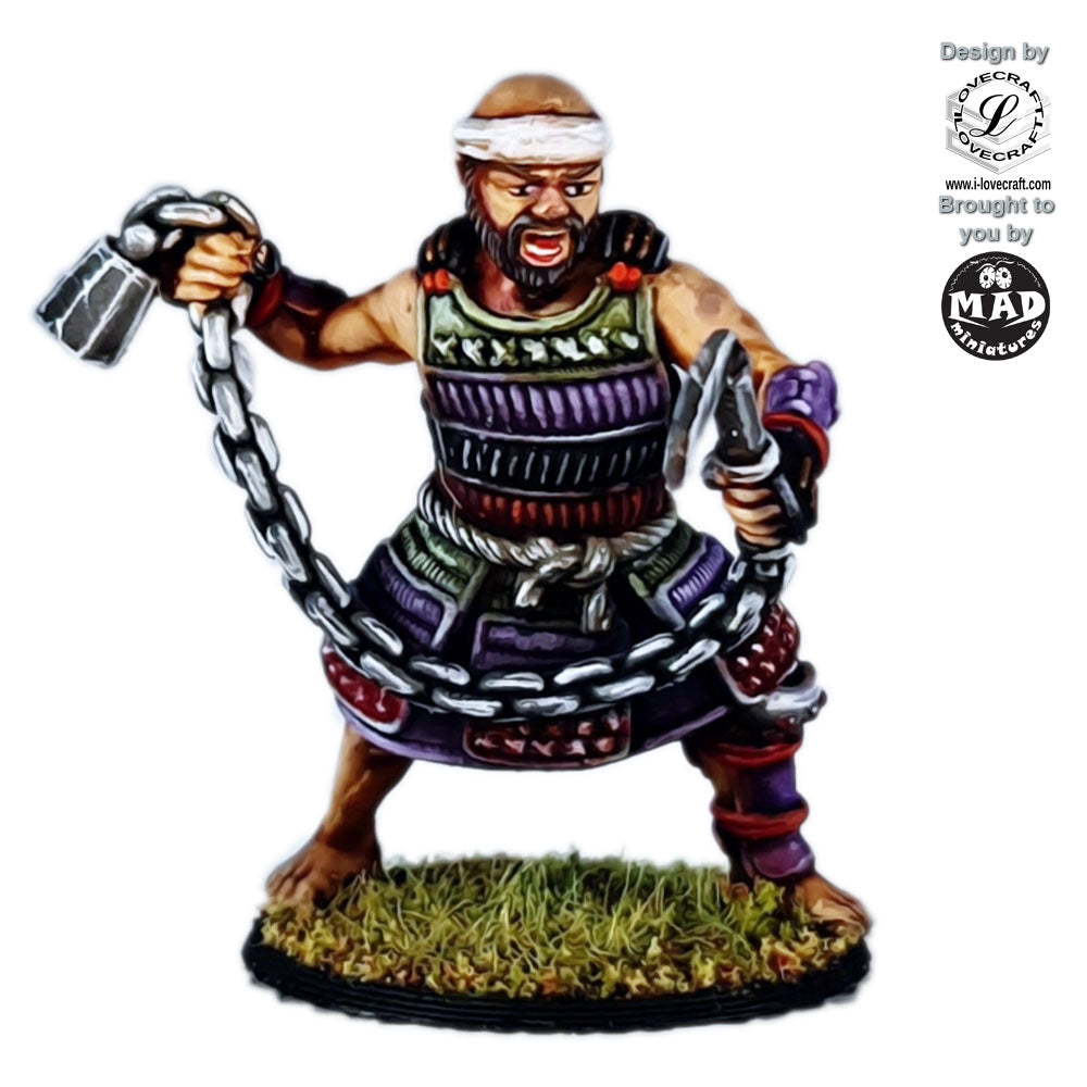 Wokou Kusarigama – A 28mm miniature designed by Iain Lovecraft, featuring a pirate warrior wielding a kusarigama, perfect for feudal Japan skirmish games.