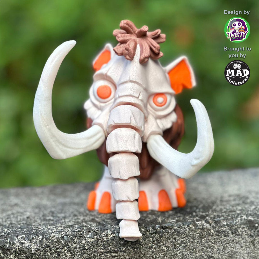 Articulated Mammoth with twisted eyes, featuring a light beige body, brown hair, and mismatched tusks, highlighting its playful, hypnotized expression.