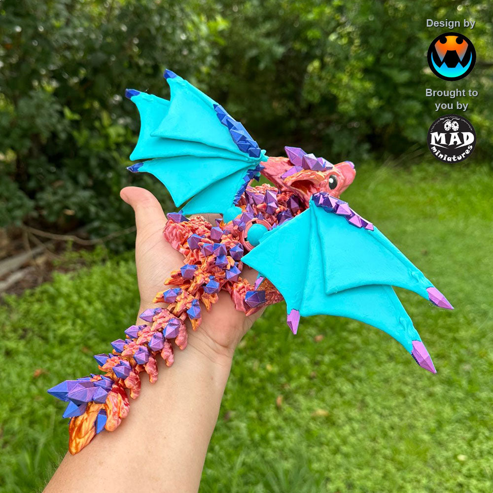 Baby Crystal Wolf Dragon by Cinderwing showing off its massive turquoise wings, with a shimmering bronze/copper body and vibrant blue/magenta crystals