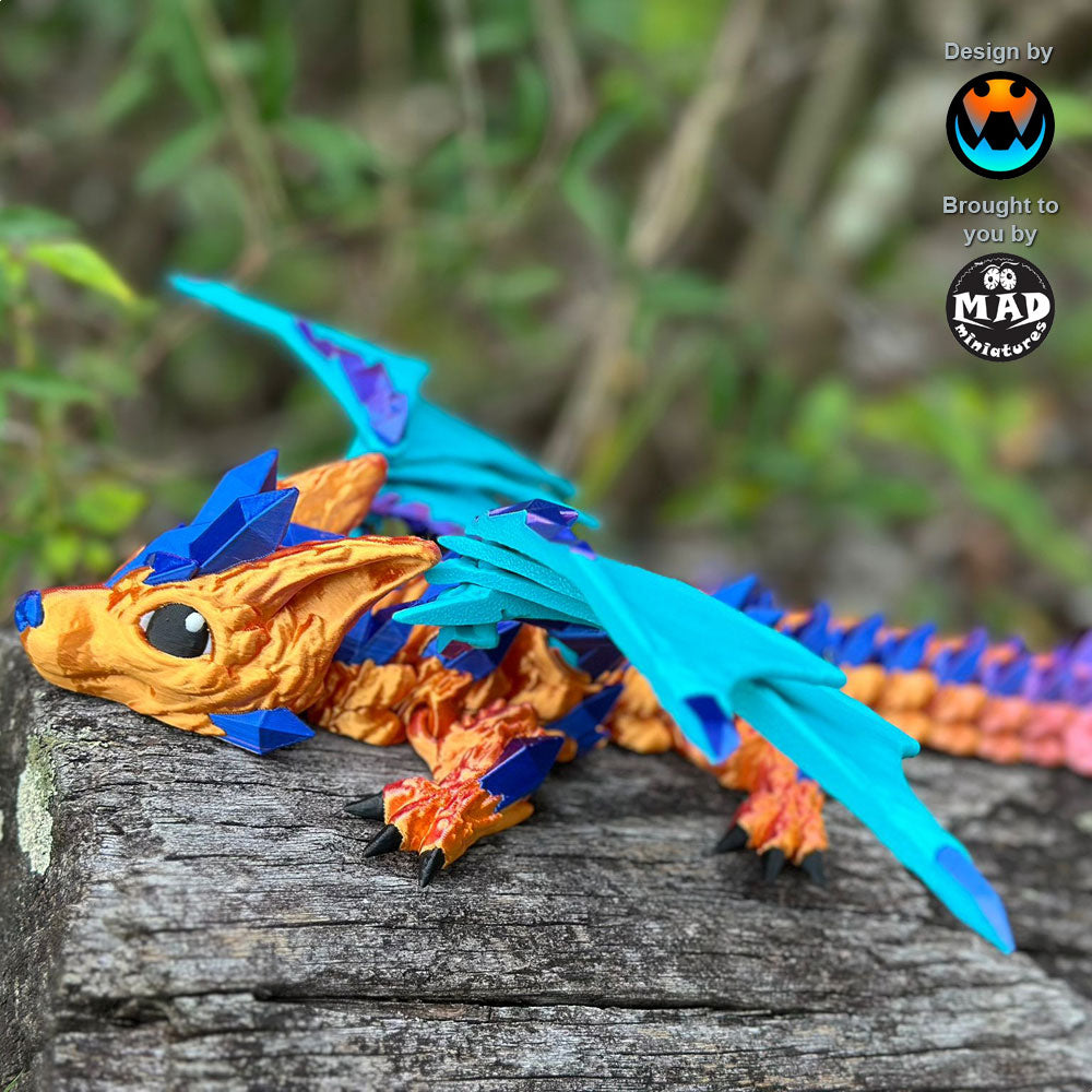 Baby Crystal Wolf Dragon designed by Cinderwing, with wings spreading in a striking display. The body gleams in bronze/copper and the crystals shine in blue/magenta.