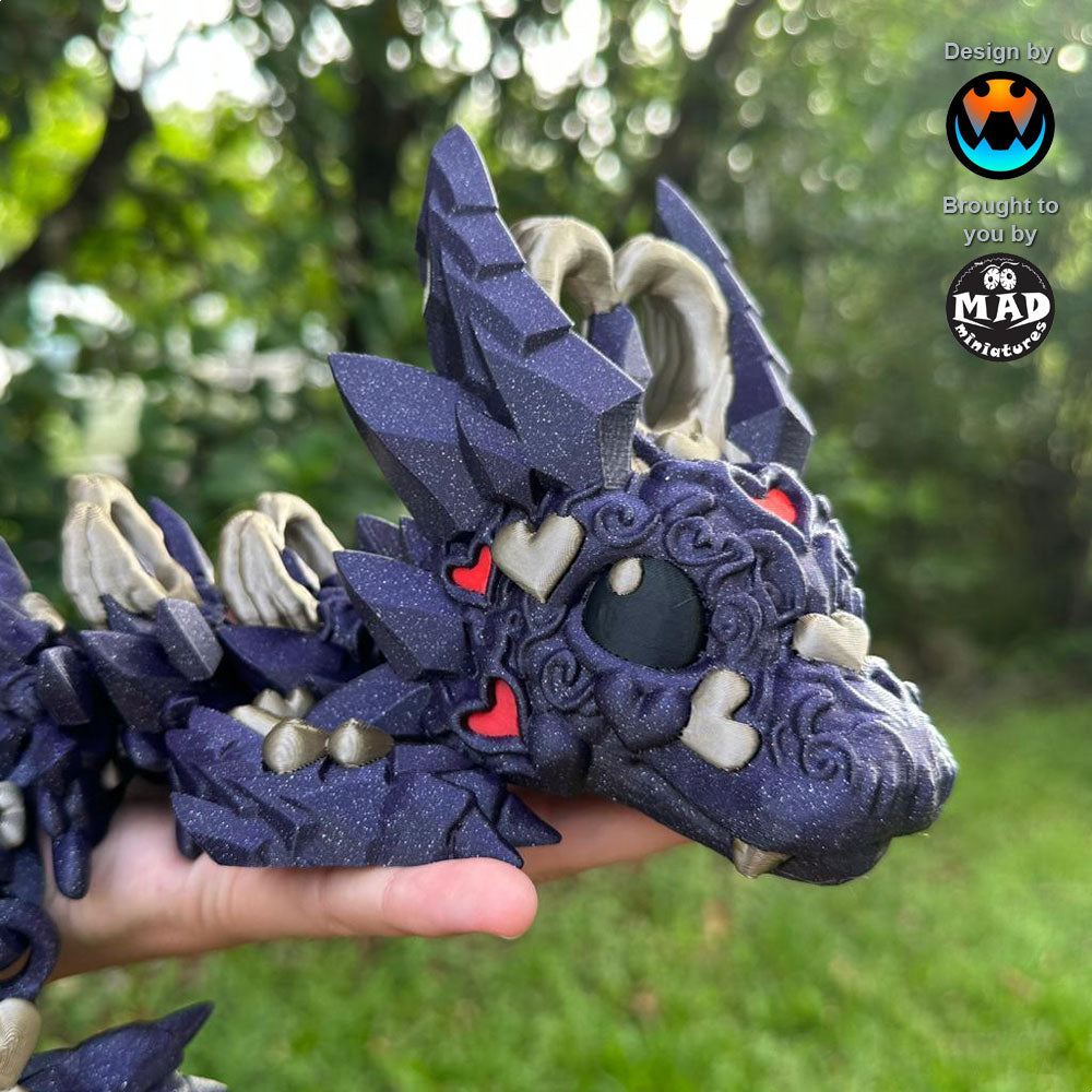 Baby Dark Heart Dragon – A sparkly purple articulated dragon with iridium gold details and red hearts, designed by Cinderwing and made by Mad Miniatures.