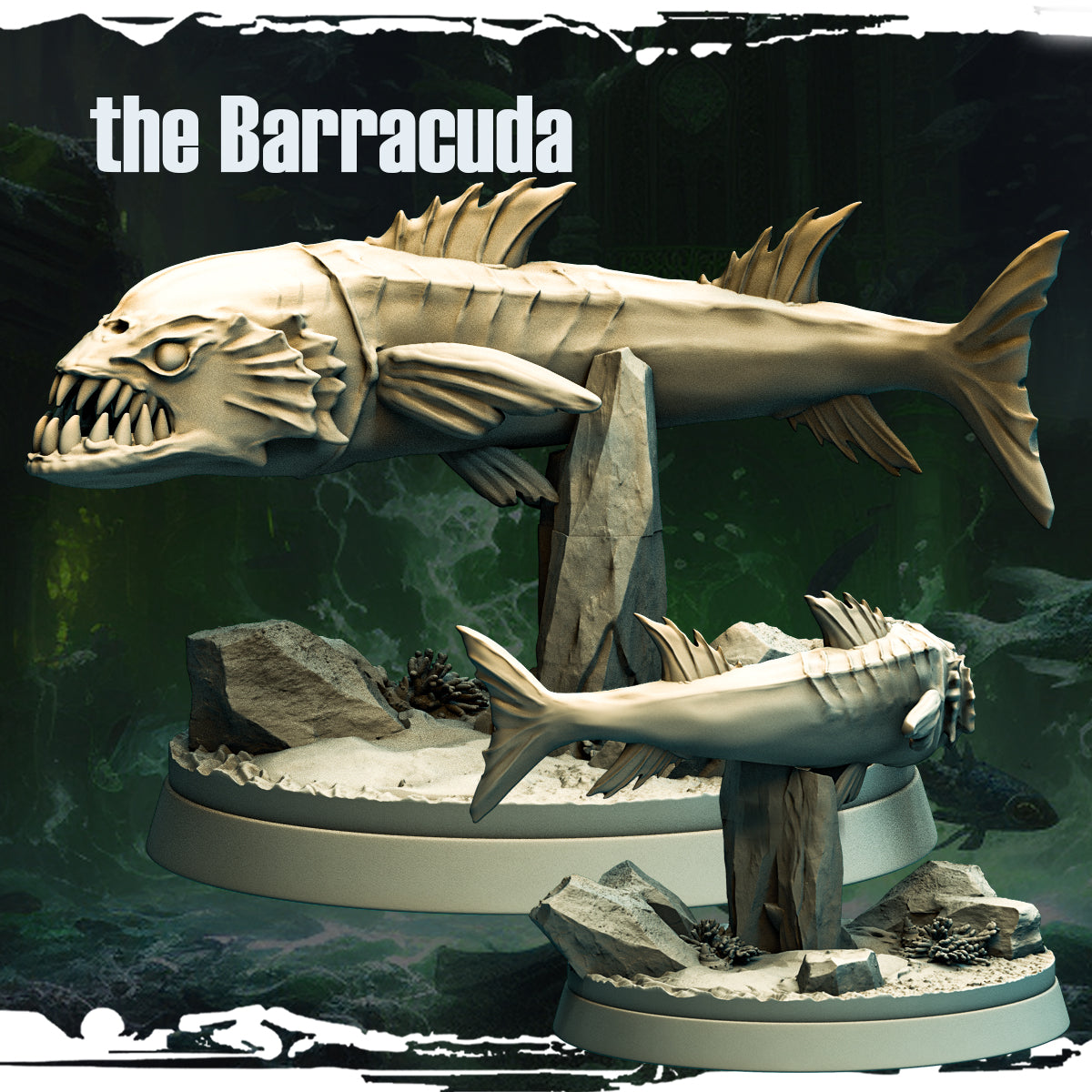 Grim Barracuda miniature from Mad Miniatures, designed by Monolith. A fierce guardian of sunken treasures and cursed relics, perfect for fantasy tabletop games.