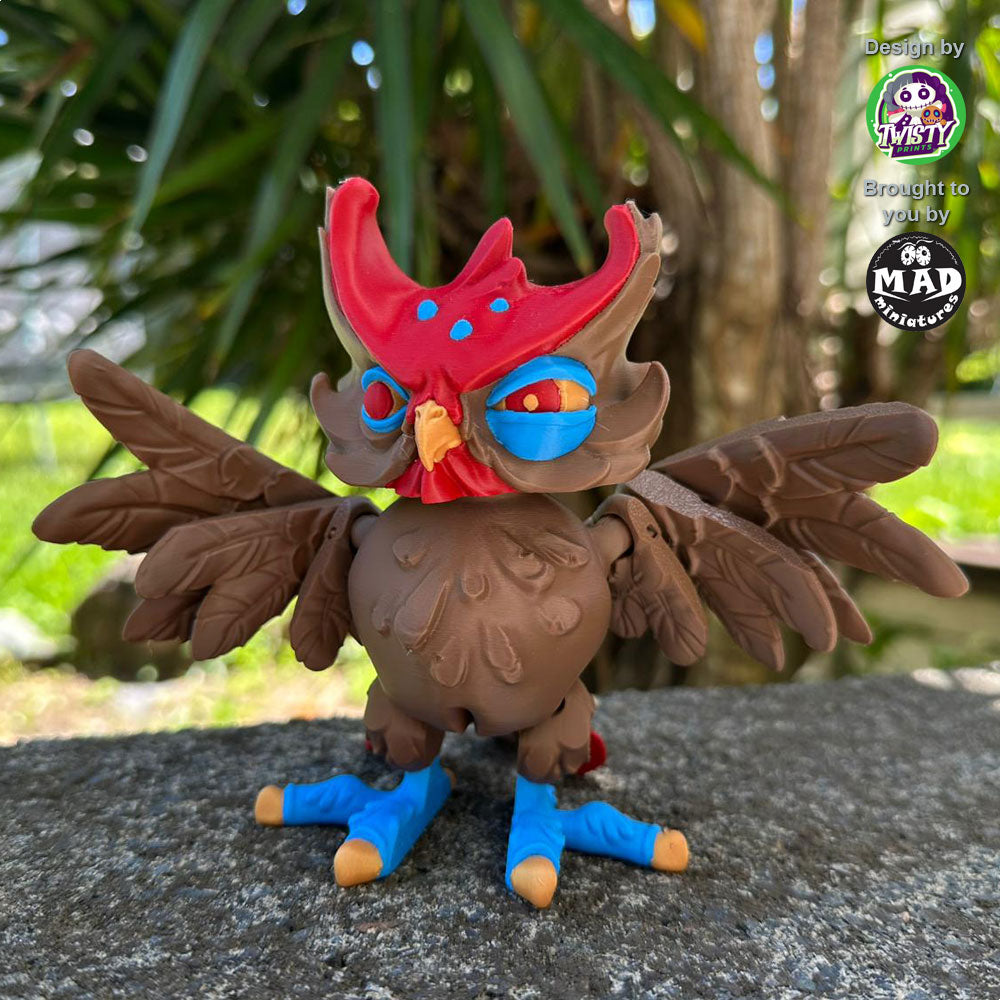 Close-up of the skeptical version of the Creepy Owl, showcasing its intense gaze, dark brown body, maroon accents, blue eyes, and yellow-gold details