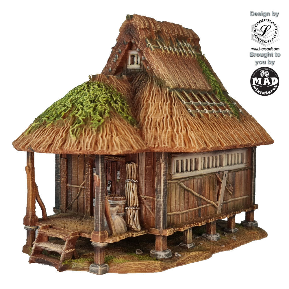 28mm Edo-period farmhouse with removable roof and detailed interior – Nippon Saga by Iain Lovecraft, printed by Mad Miniatures.