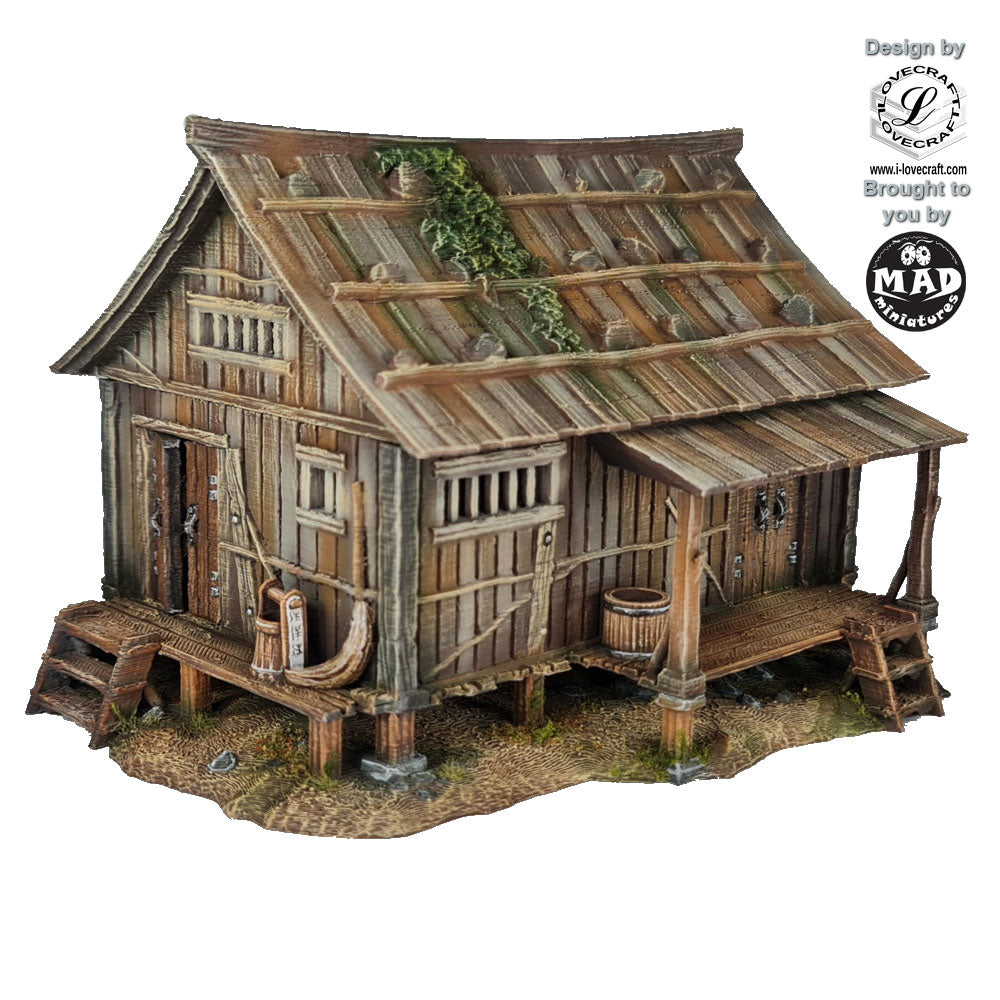 28mm traditional Japanese farmhouse with sloped roof and detailed interior – Nippon Saga by Iain Lovecraft, printed by Mad Miniatures.