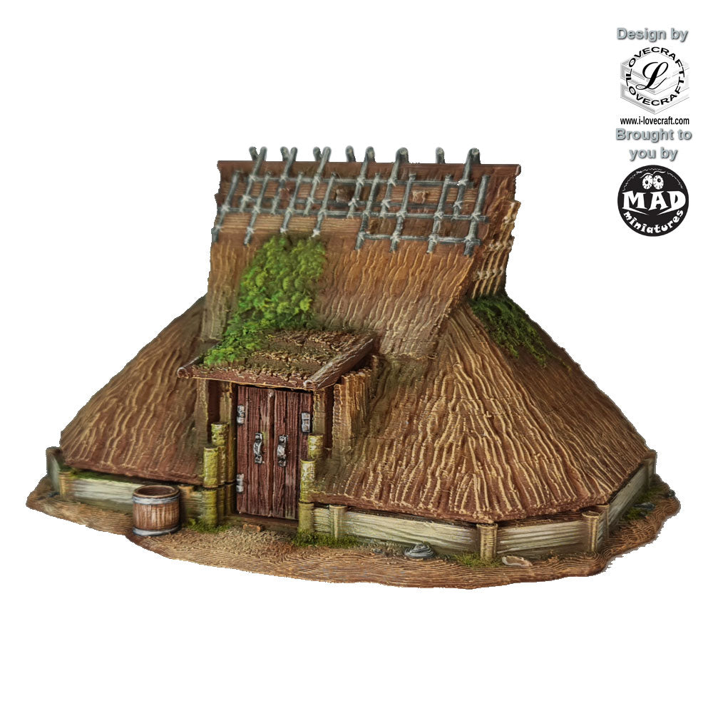 28mm Edo-period farmhouse with sloped thatch roof and interior fireplace – Nippon Saga by Iain Lovecraft, printed by Mad Miniatures.
