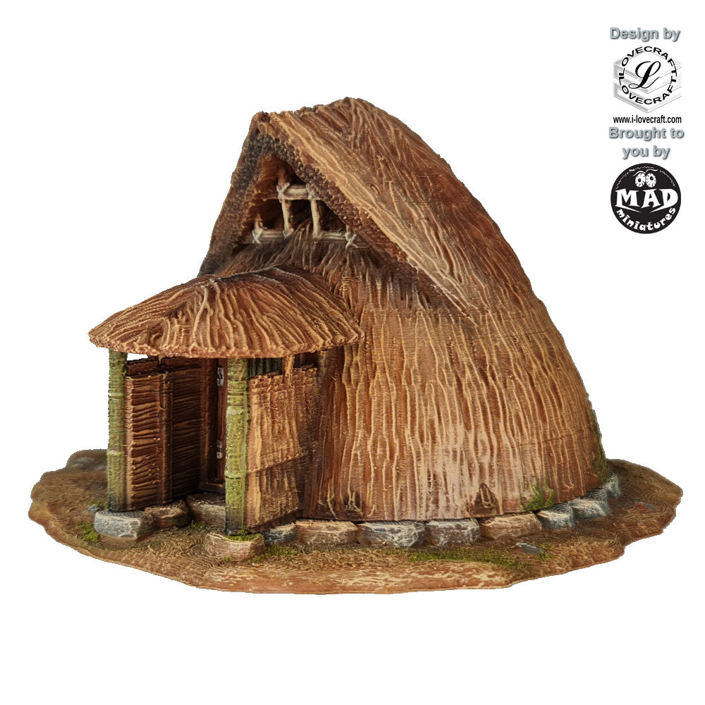 28mm round Japanese farmhouse with thatched roof and fireplace – Nippon Saga by Iain Lovecraft, printed by Mad Miniatures.