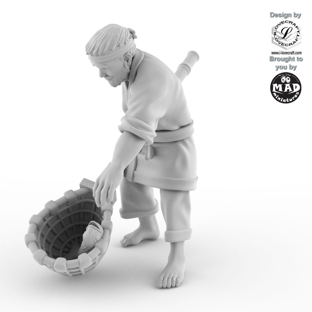 28mm miniature of a Japanese fisherman lifting a woven handnet with a fish, perfect for tabletop RPGs, wargaming, and dioramas.