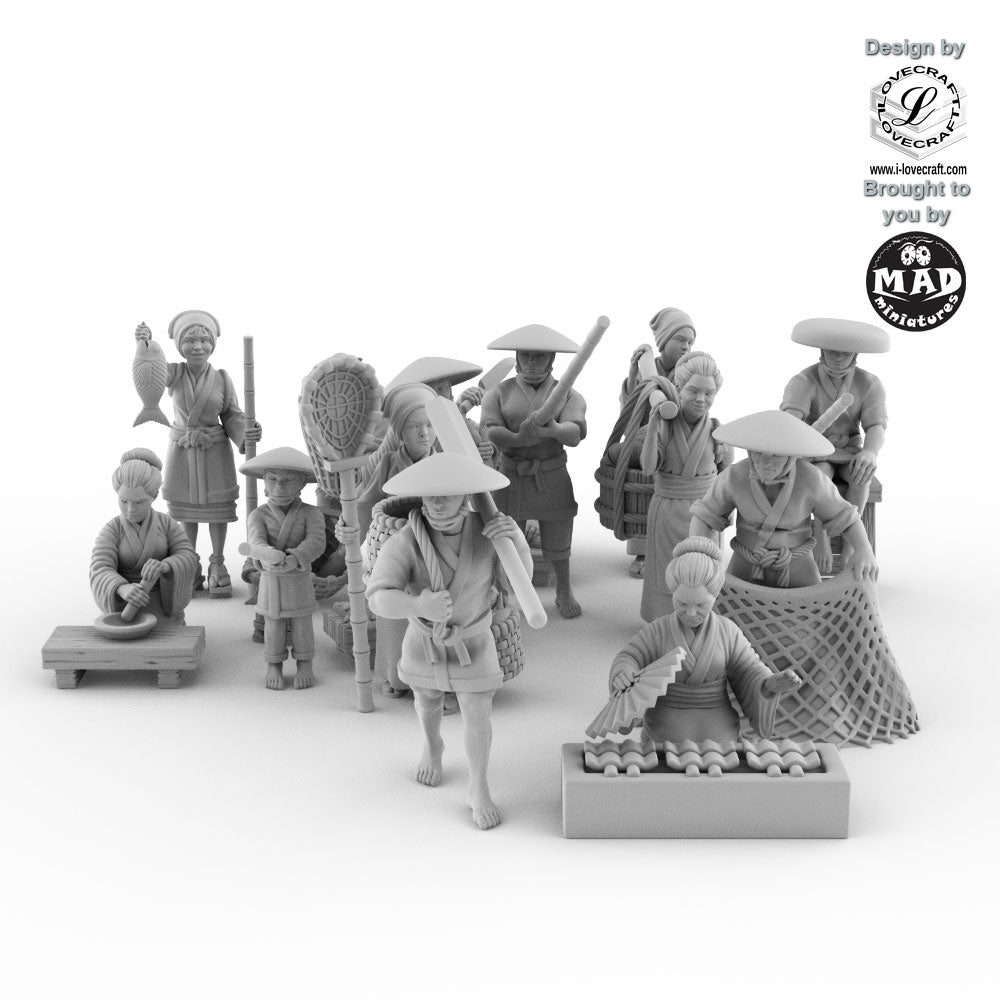 15 miniature set of Edo-period fishermen and market people from Nippon Saga 2 by Iain Lovecraft, featuring detailed resin prints for tabletop RPGs and dioramas. Available at Mad Miniatures.