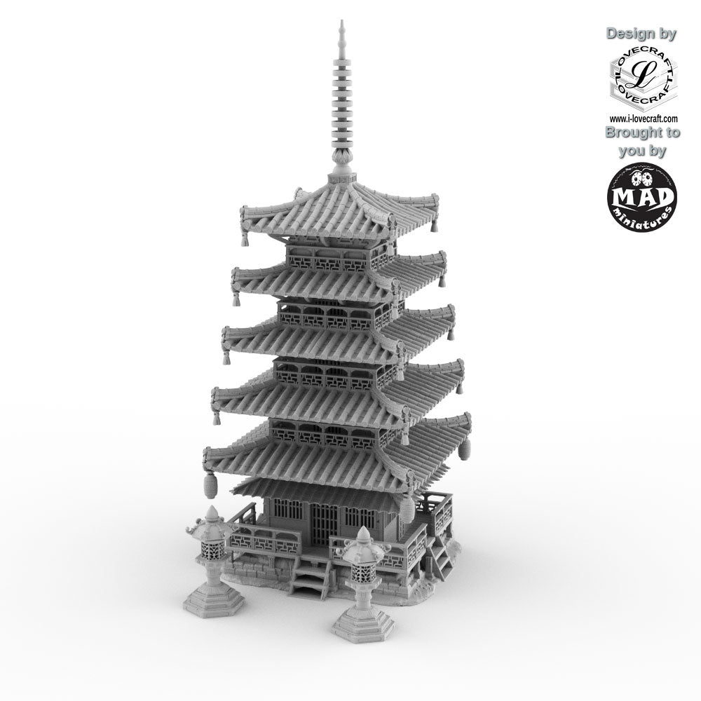 28mm Five-storey Japanese pagoda with detailed roofs and two large lanterns – Nippon Saga by Iain Lovecraft, printed by Mad Miniatures.