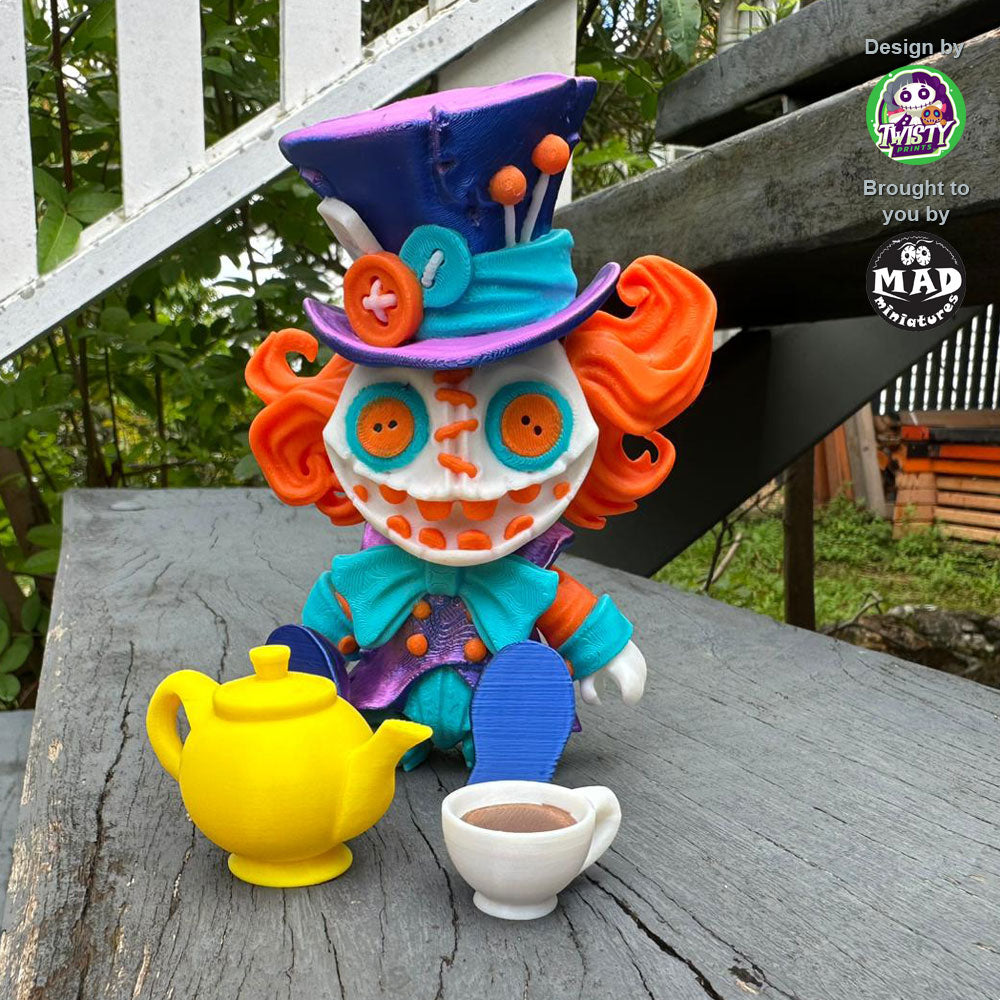 Mad Hatter sitting cross-legged with a teapot and cup, ready for a whimsical tea party