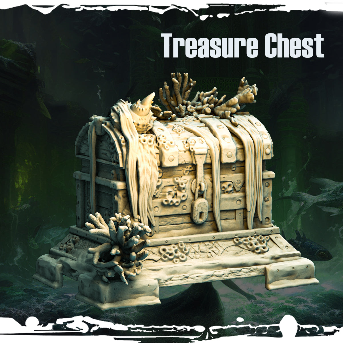 A weathered treasure chest encrusted with coral, designed by Monolith, part of the Mad Miniatures Cursed Waters collection.