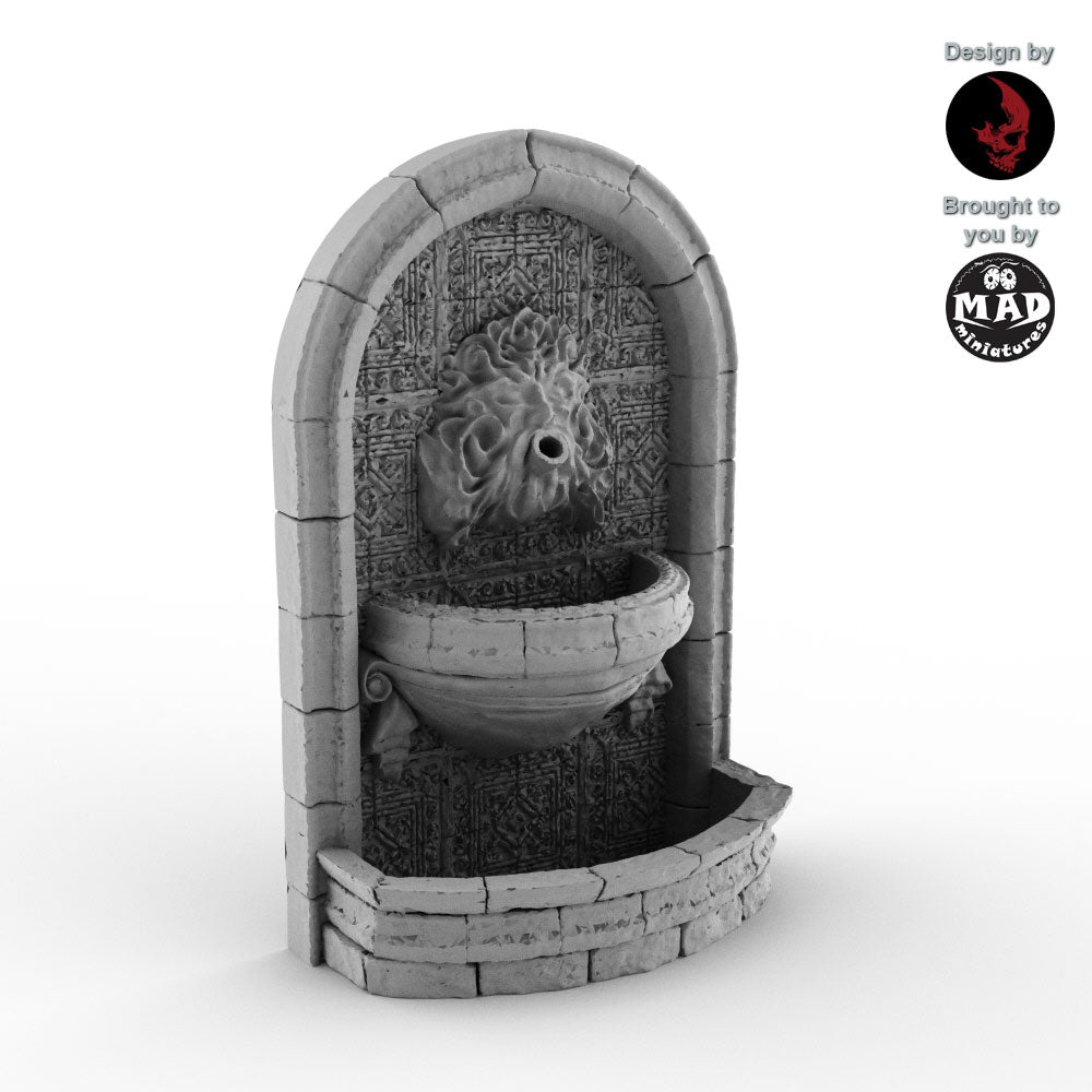 Detailed 32mm scale drinking fountain with lion head spout by TERRABLOKS