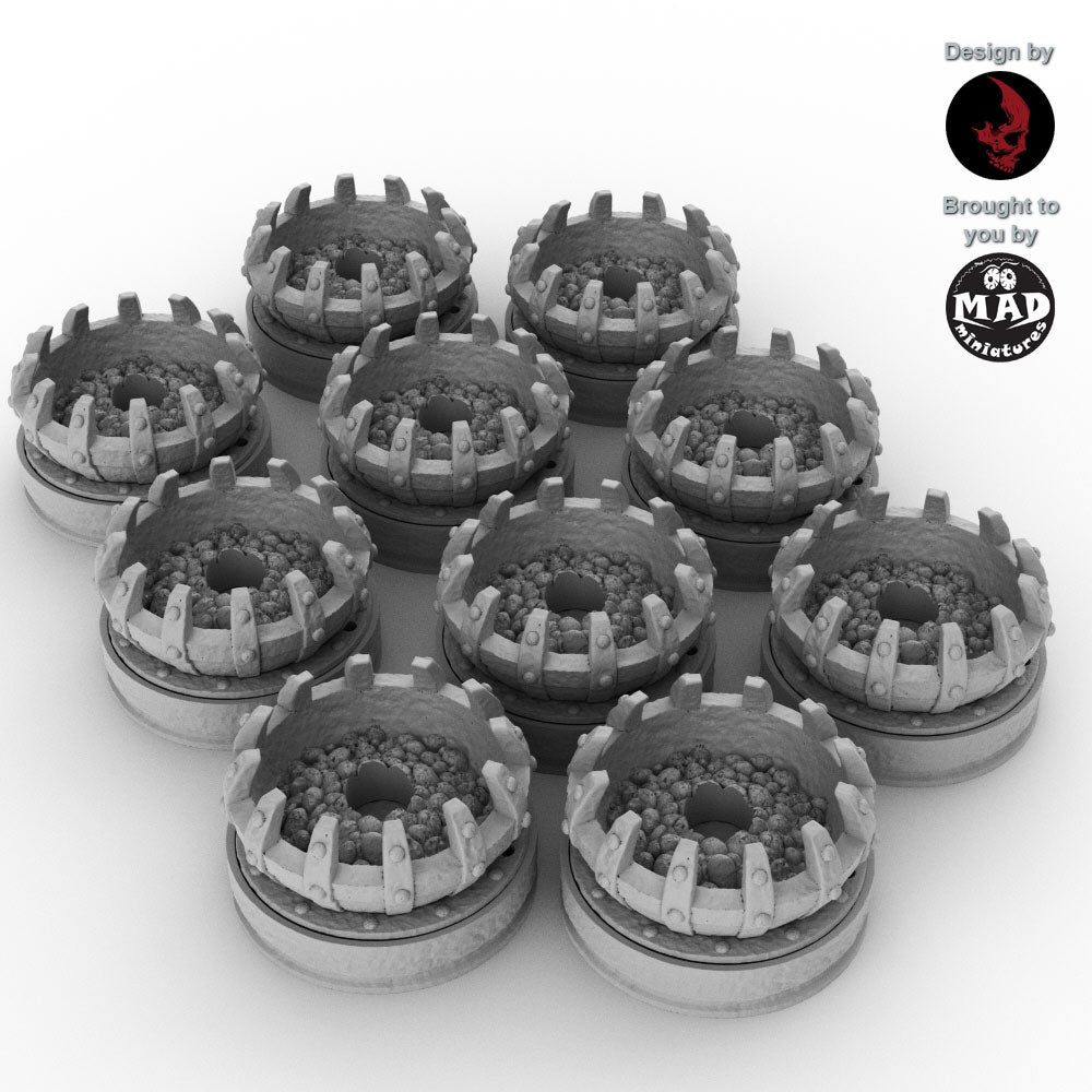 Set of 10 LED-ready Helwick braziers for 32mm tabletop terrain by TERRABLOKS