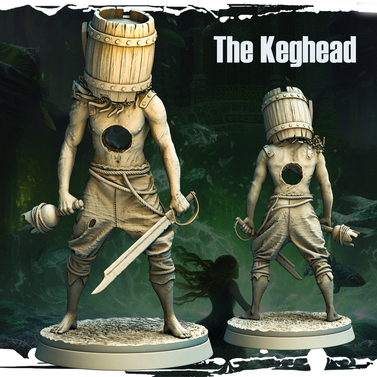 Keghead miniature from Mad Miniatures, designed by Monolith Arts for the Cursed Waters campaign, featuring a cursed pirate with a barrel fused to his head, a gaping bullet hole in his chest, armed with a sword and broken bottle.