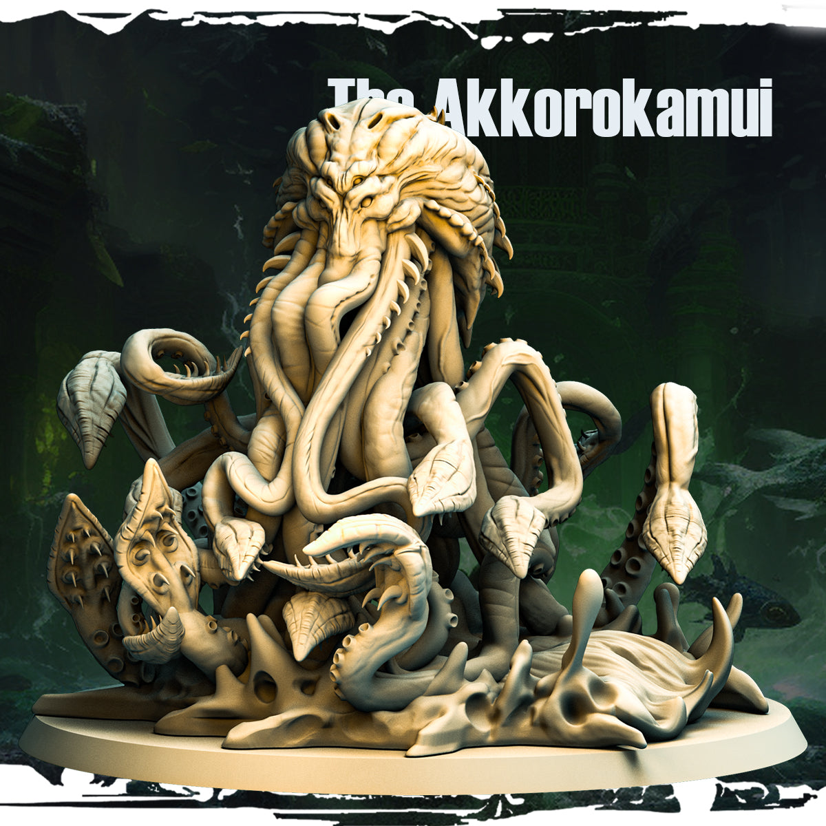 A detailed 3D-printed miniature of Akkorokamui, a colossal cephalopod from the "Terror on Cursed Waters" campaign by Monolith Arts, featuring twisting tentacles and an imposing presence.