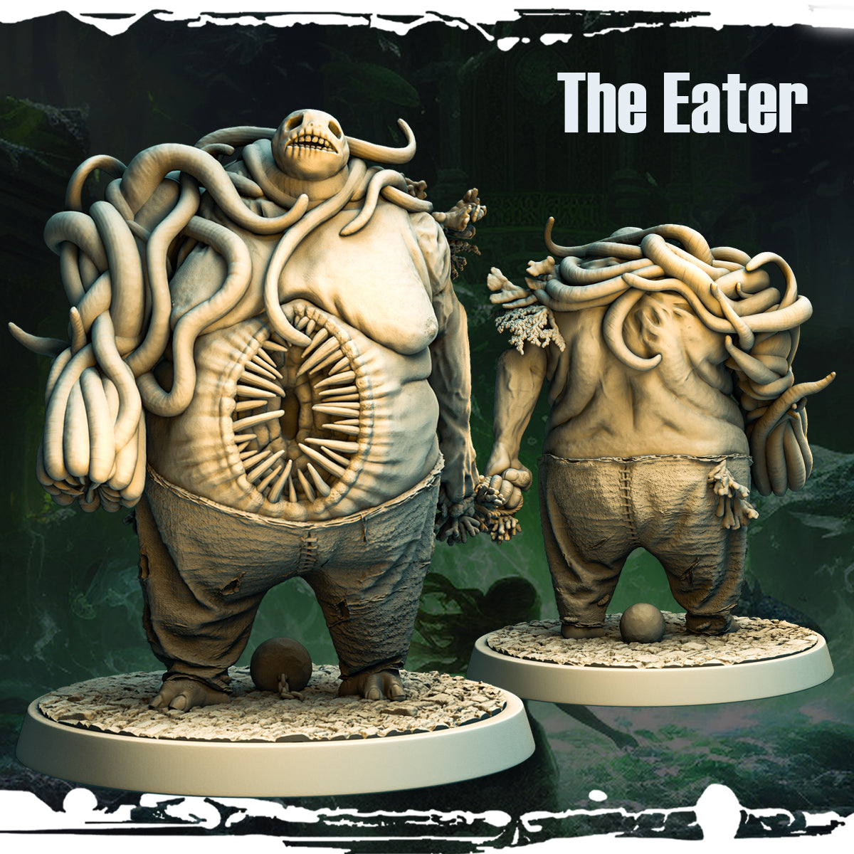 A detailed 3D-printed miniature of The Eater, a grotesque figure from the "Terror on Cursed Waters" campaign by Monolith Arts, showcasing bloated limbs and a ravenous maw.
