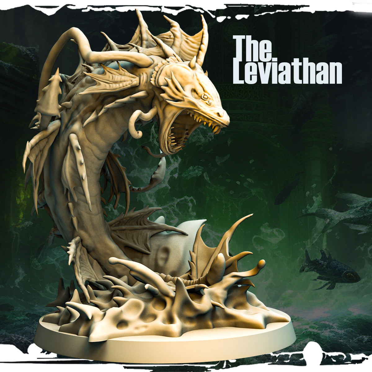 A detailed 3D-printed miniature of The Leviathan, a primal force of nature from the "Terror on Cursed Waters" campaign by Monolith Arts, featuring a serpentine body and fearsome design.