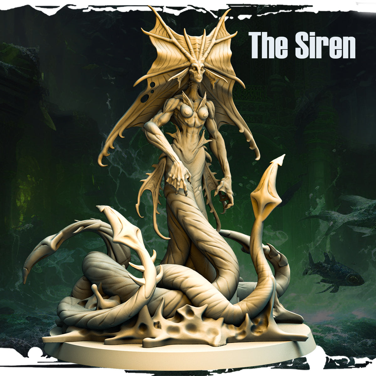 A detailed 3D-printed miniature of The Siren, an eerie and elegant creature from the "Terror on Cursed Waters" campaign by Monolith Arts, with flowing tendrils and haunting features.