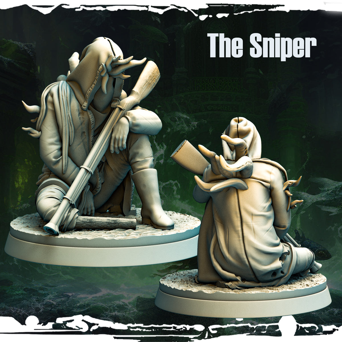 A detailed 3D-printed miniature of The Sniper, a cursed ship guard from the "Terror on Cursed Waters" campaign by Monolith Arts, available in three poses.