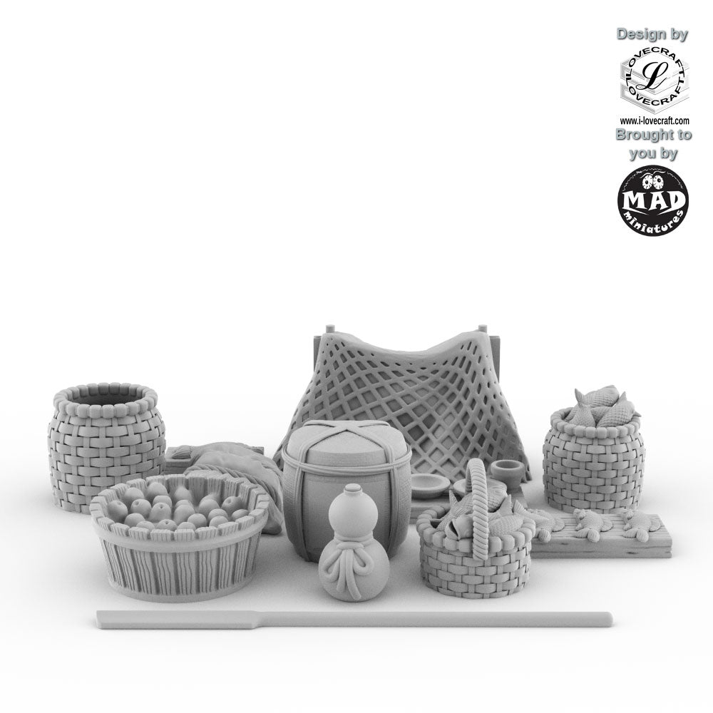 A set of 12 finely crafted Edo-period fishing village props, including baskets of fish, a net, a paddle, and storage containers. Part of the Nippon Saga 2 collection.