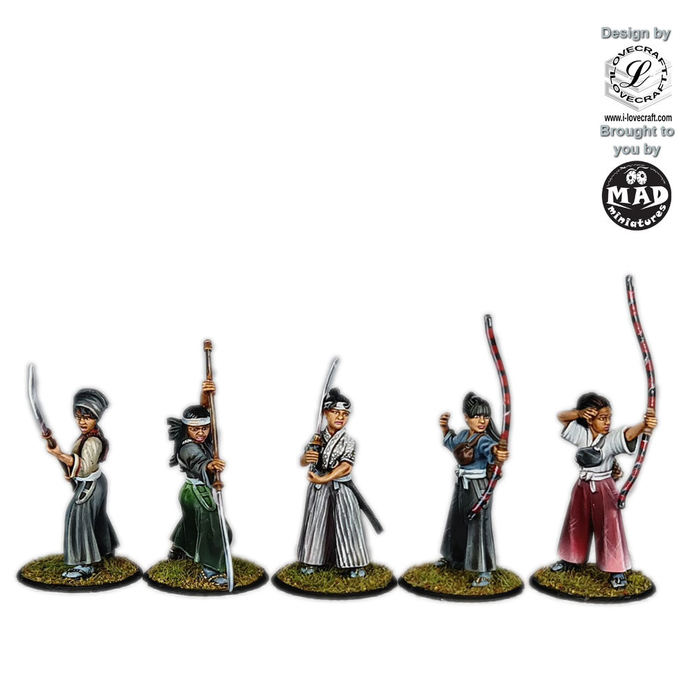 A set of five Onna-Bugeisha miniatures, skilled in samurai warfare, protecting fishing villages from Wokou pirates in the Nippon Saga 2 tabletop collection.