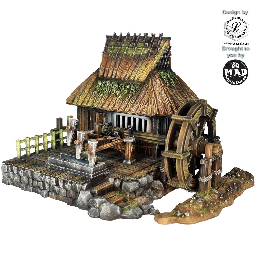 Rice Mill – Nippon Saga 2. A detailed Edo-period rice mill with a waterwheel, thatched roof, and raised wooden platform. Designed by Lovecraft, brought to you by Mad Miniatures.