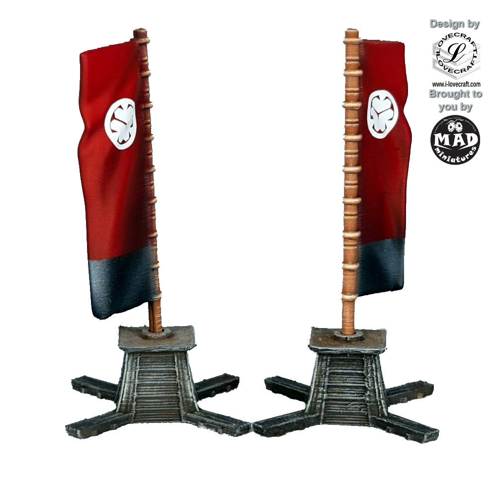 A set of two Sashimono banners with wooden stands, designed for Edo-period tabletop gaming, perfect for battlefields and fortifications in Nippon Saga 2.