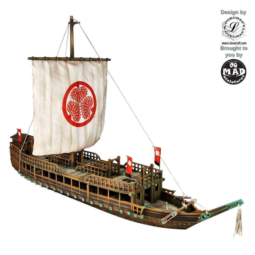 Sekibune – Nippon Saga 2. A large Japanese warship with wooden decks and fortified railings. Sail and flags not included. Designed by Lovecraft, brought to you by Mad Miniatures.