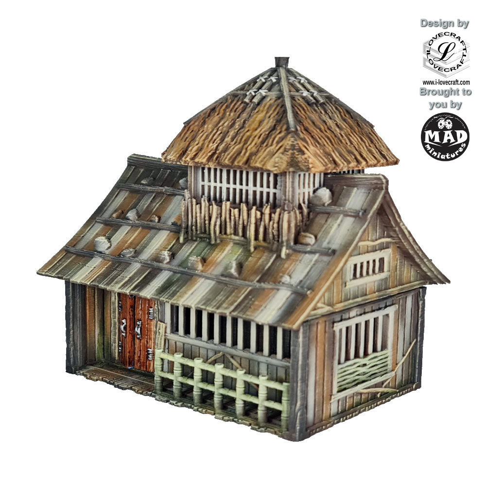 Village House 4 – Nippon Saga 2. A one-room fisher house with an elevated roof and additional space, designed by Lovecraft and brought to you by Mad Miniatures.