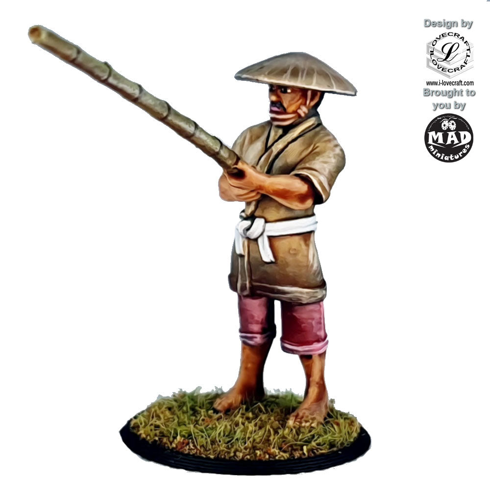 28mm miniature of a standing Edo-period fisherman in a straw hat and traditional robes, holding a bamboo fishing pole, designed for tabletop gaming and dioramas.