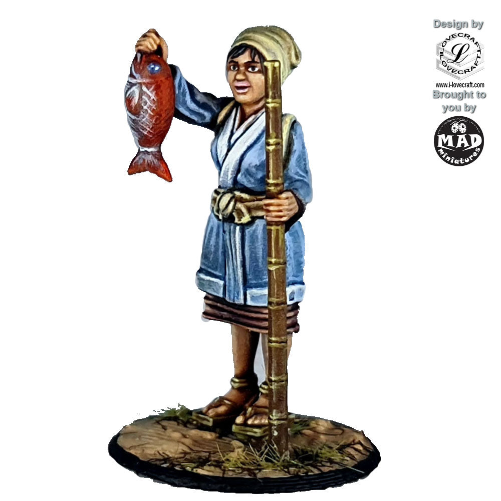 28mm miniature of an Edo-period girl in a blue robe, holding a bamboo pole and a freshly caught fish, designed for tabletop gaming and dioramas.