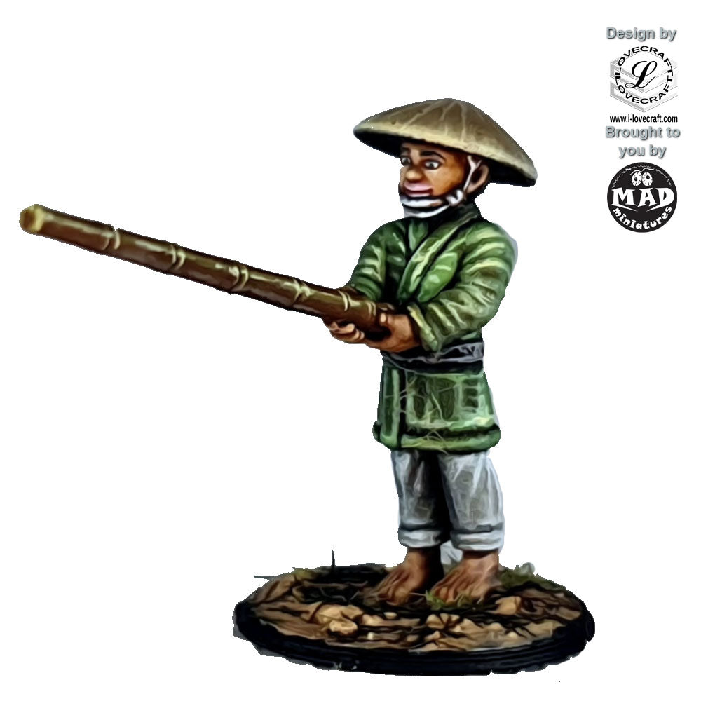 28mm miniature of an Edo-period boy in a green robe and straw hat, holding a bamboo fishing pole, designed for tabletop gaming and dioramas.