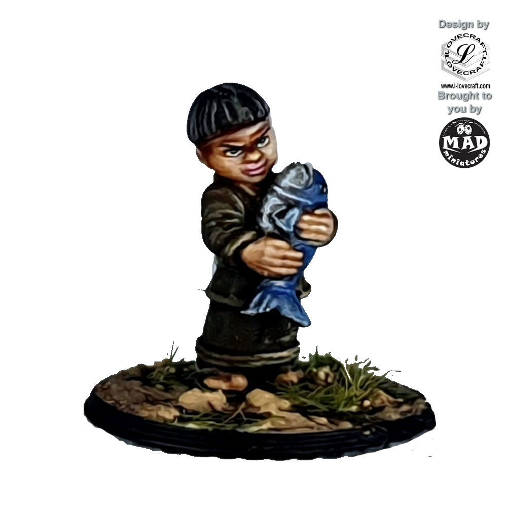 28mm miniature of an Edo-period boy in a dark robe, holding a freshly caught fish with a proud expression, designed for tabletop gaming and dioramas.