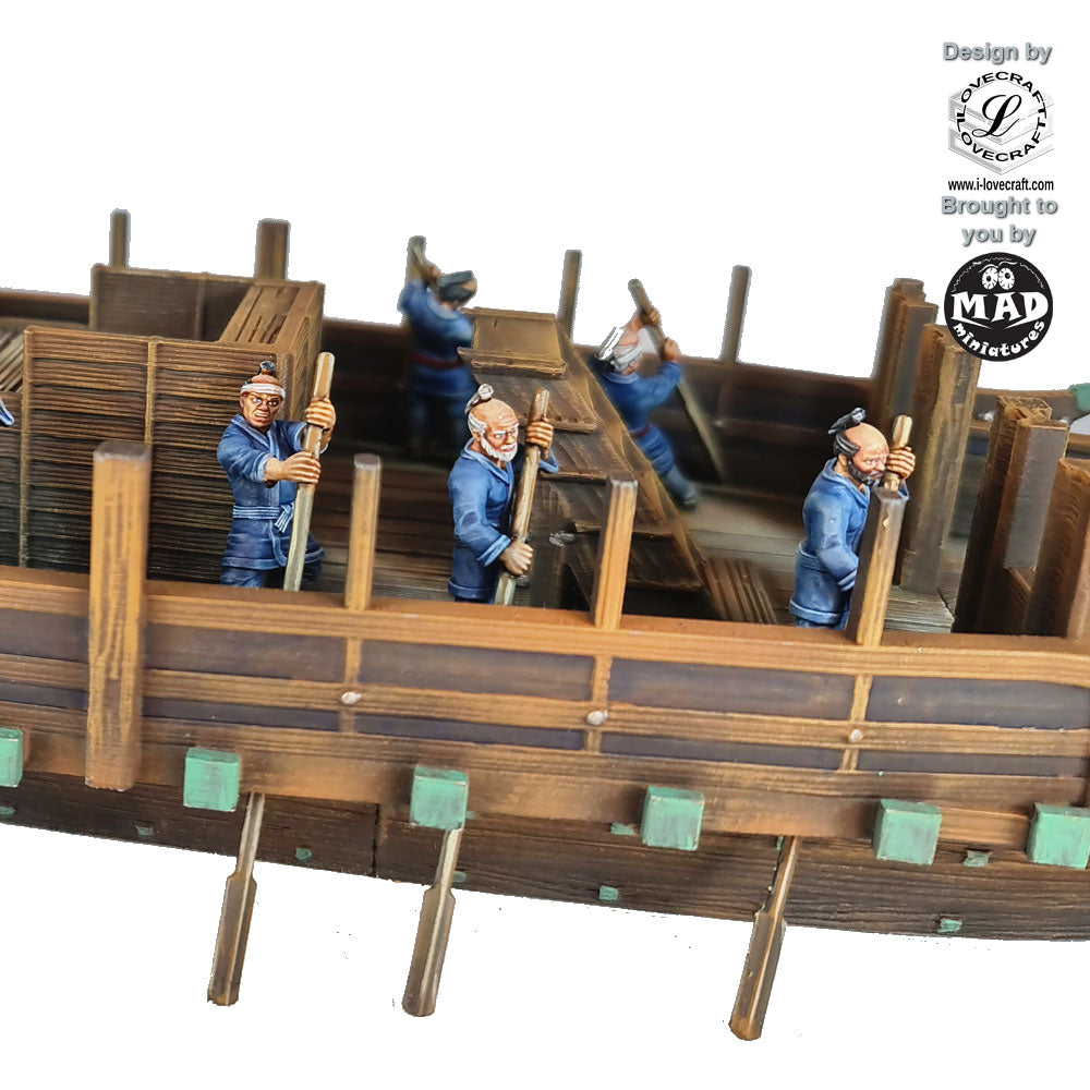 28mm miniature set of six Edo-period rowers in blue robes, rowing a Sekibune warship, designed as an add-on for tabletop gaming and dioramas.