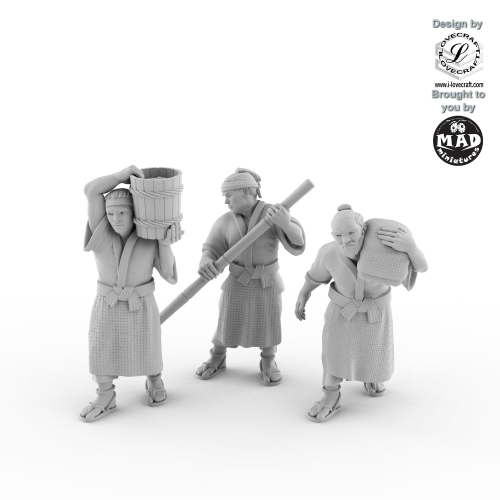 28mm miniature set of Edo-period sake brewery workers carrying barrels and sacks, designed as an add-on for the Sake Brewery, perfect for tabletop gaming and dioramas.