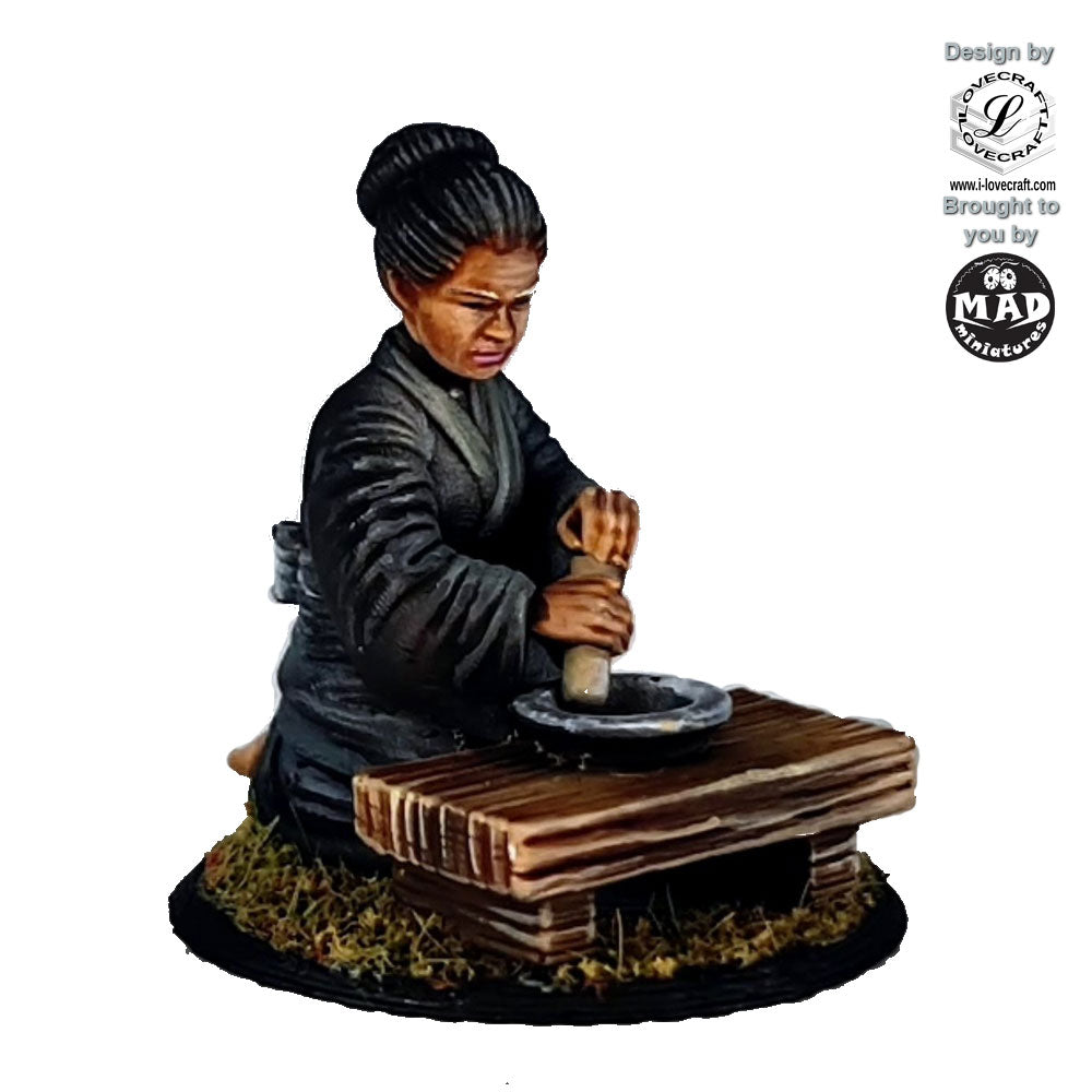 28mm miniature of an Edo-period woman kneeling at a wooden table, grinding ingredients with a mortar and pestle, designed for tabletop gaming and dioramas.
