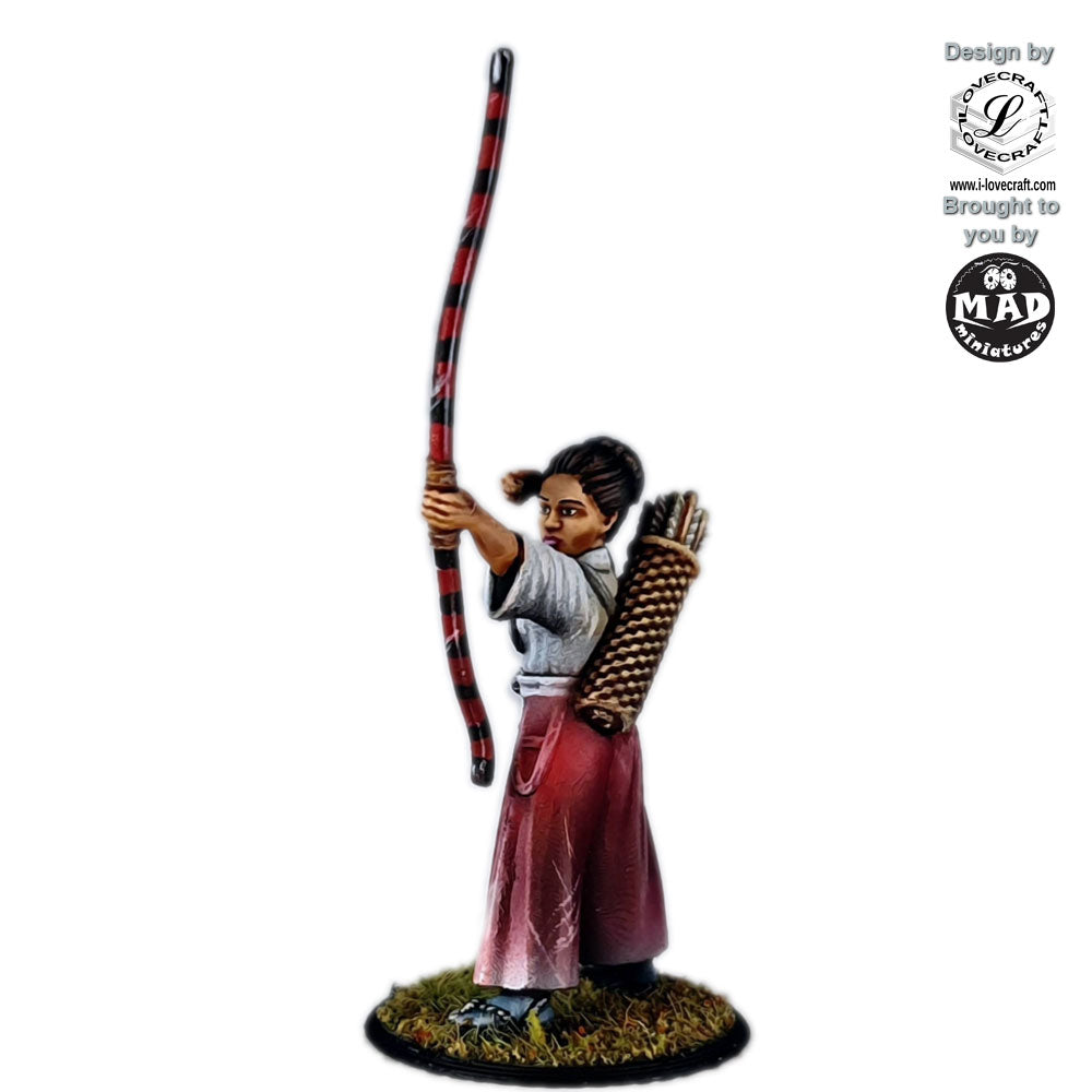 Onna-Bugeisha Archer, a 28mm miniature designed by Iain Lovecraft, featuring a female samurai archer in a traditional hakama, drawing her yumi bow.