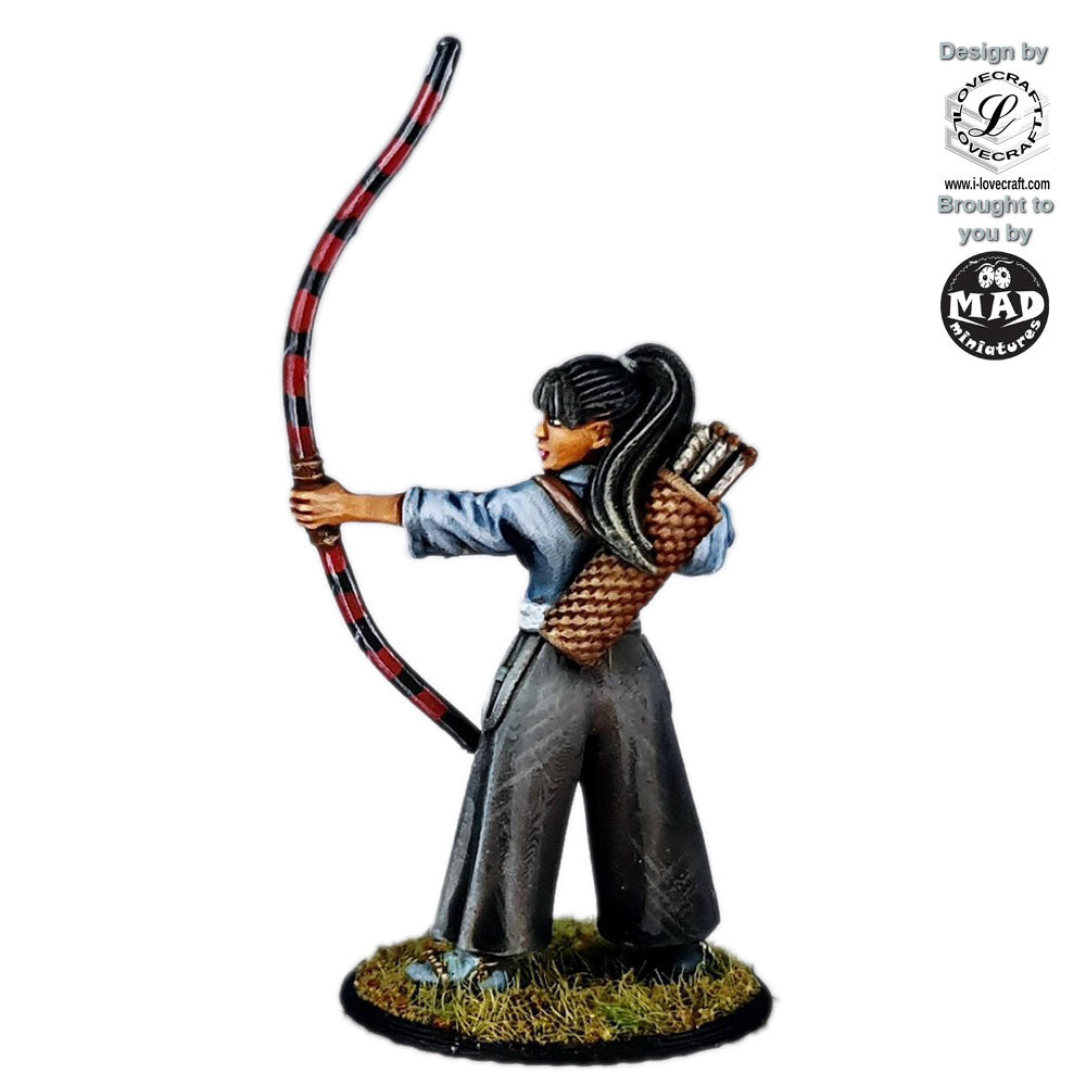 Onna-Bugeisha Kyūdōka, a 28mm miniature designed by Iain Lovecraft, featuring a female samurai archer in a traditional stance with a yumi bow and quiver.