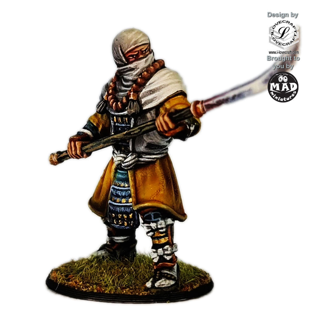 32 mm Ikko Ikki Monk miniature in robes and armour, wielding a naginata – Nippon Saga model by Mad Miniatures.