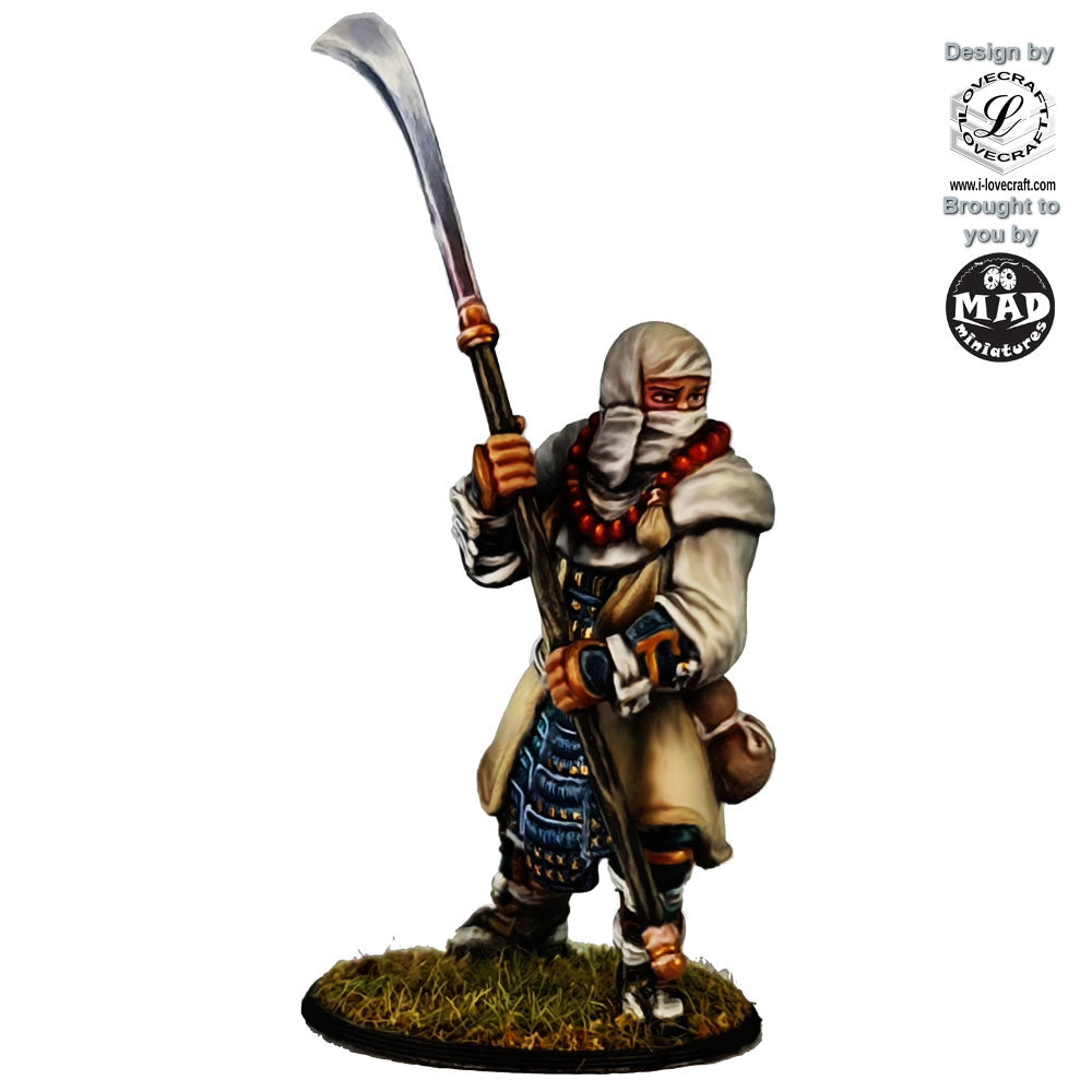 32 mm Ikko Ikki Monk miniature wielding a naginata, in layered robes and armour – Nippon Saga model by Mad Miniatures.