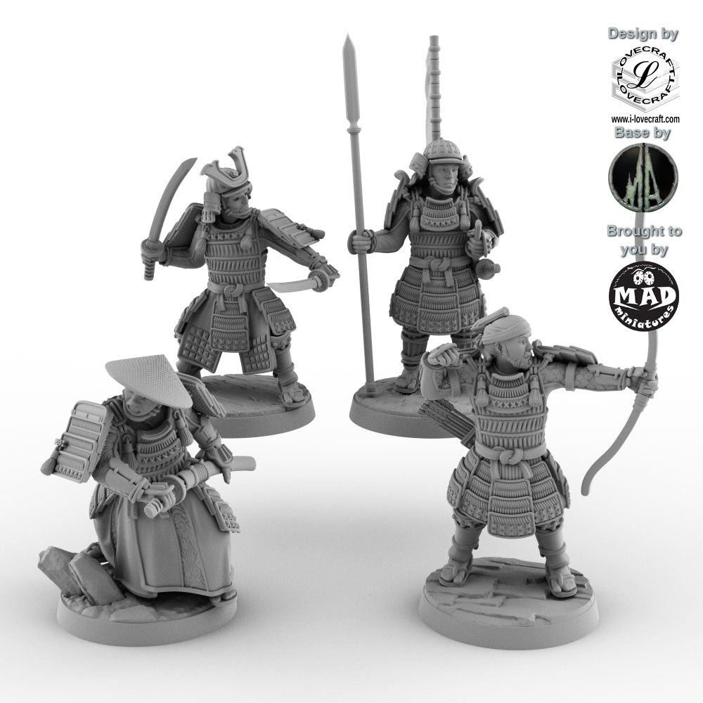 Four unpainted samurai miniatures in dynamic poses, featuring archer, spearman, swordsman, and warrior – 32 mm Nippon Saga models by Mad Miniatures.