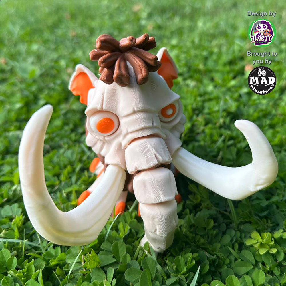 Mammoth standing proudly on grass, showing off its big tusks, distinctive orange ears, and wide-eyed, hypnotic gaze, capturing its quirky personality.