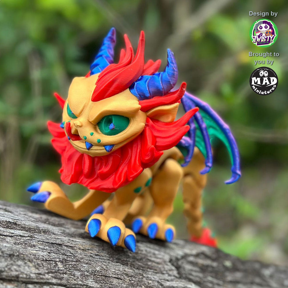 Close-up of the Manticore’s fiery red mane and shimmering blue horns, capturing the intricate details of her mythological beauty and power.