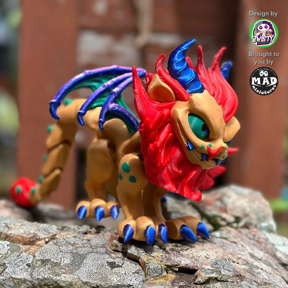 Manticore standing proudly on a rock with a sideways view, her wings spread wide and her commanding, fierce stance on full display.