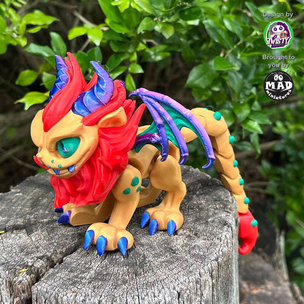 Side view of the Manticore, emphasizing her broad wings, massive tail, and commanding presence, complete with shimmering horns and fierce gaze.